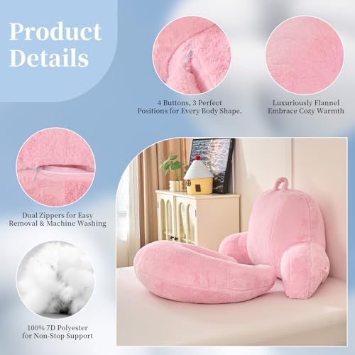 17" Reading Pillow for Bed,U Shaped Arm & Elbow Support,Pink Faux Fur