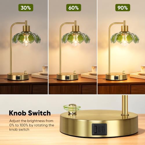 Glass Table Lamps Set of 2, Green Dimmable Bedside Lamps for Living Room