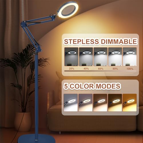 LANCOSC 15X Magnifying Glass with Light and Stand, 3-in-1 Adjustable Swing Floor Lamp, 5 Color Modes Stepless Dimmable, LED Lighted Hands Free Magnifier & Clamp for Reading, Crafts, Painting - Blue