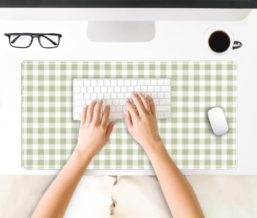 Green Checkered Gingham Desk Mat Pad XXL Large Mouse Pad Anti-Slip Big Mousepad with Stitched Edges Computer Mouse Pads for Desktop Decor Cute Office Desk Accessories
