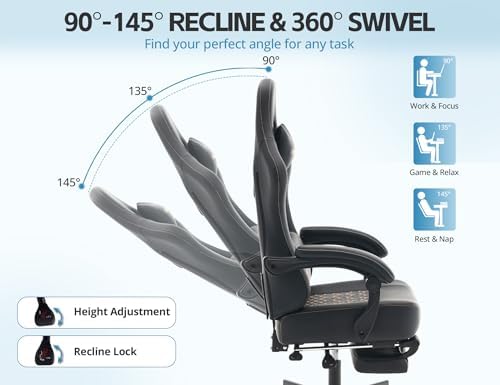 Office Chair for Home Office, Ergonomic Wide Seat Desk Chair with Pocket Spring Cushion, Breathable Leather Gaming Chair with Adjustable Headrest and Retractable Footrest，Black