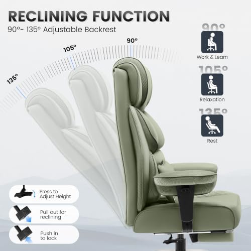 BestGlory Office Desk Chair, Big and Tall Leather Gaming Chair with Footrest, Wide Ergonomic Comfy Executive High-Back Reclining Computer Chairs, Swivel Rolling Wheels and Padded Lumbar Support, Green