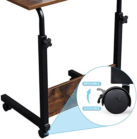 TV Tray Bed Side Table, Portable Rolling Desk Hospital Bed Laptop Table, Small Standing Desk with Wheels Adjustable Height for Sofa, Bedside, Tablet Use, Secure Non Tilt, 23.6" W, Brown