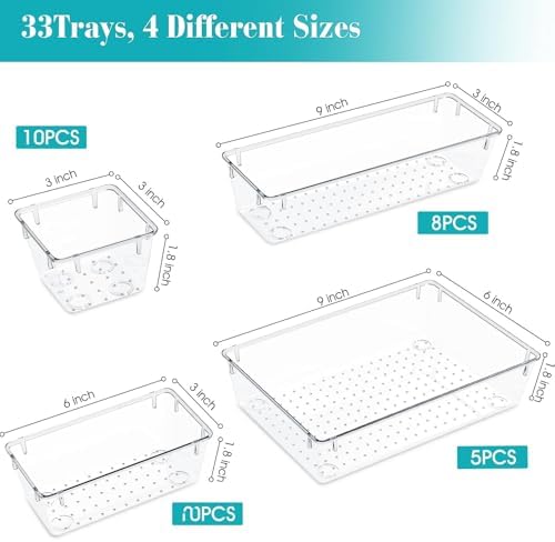 33 PCS Plastic Drawer Organizers Set, 4 Size Desk Drawer Organizer Trays