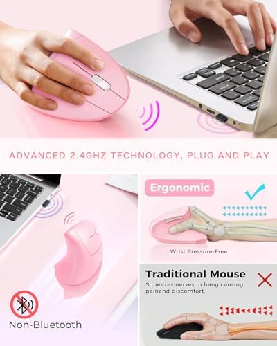 Ergonomic Mouse Wireless, Rechargeable Mouse Silent for Carpal Tunnel Right Hand, 2.4GHz USB Vertical Mouse Wireless for Laptop etc, 3 Adjustable 800/1200/1600 DPI, Pink