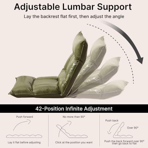 Floor Chair with Back Support, 42-Position Adjustable Gaming Chair for Adults, Faux Leather Floor Lounger, Reading Chairs with Neck Support, Foldable Floor Seat for Sleeping (Green Black)