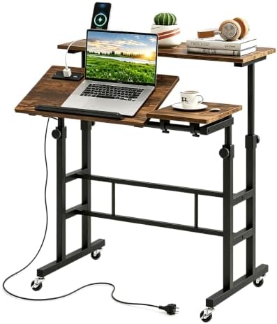 Tangkula Height Adjustable Mobile Standing Desk with Built-in Power Outlets