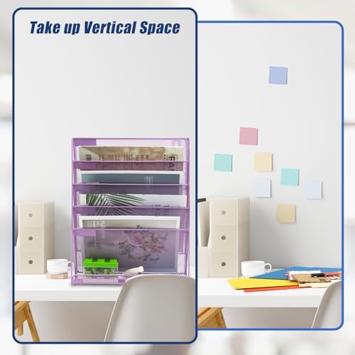 EASEPRES Desk File Organizer Mesh 6 Tier, Hanging Wall Mount Document Organization Stand, Desktop Vertical Mail Paper Folder Holder Rack with Bottom Tray for Office Home Cubicle, Light Purple