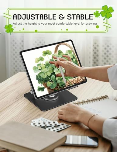 Adjustable Tablet Stand, Foldable 360° Aluminum Holder, Black