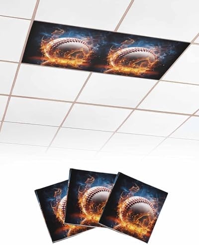 Baseball Magnetic Fluorescent Light Covers for Ceiling Lights 2 x 4 Feet,Sports Theme Gradient Orange Blue Black Office Classroom Kitchen Drop Ceiling Light Covers Lighting Filters Shade Panel 3 Packs