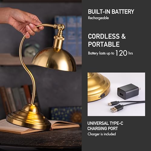 O'Bright Bankers - Cordless LED Table Lamp, Battery-Operated, Rechargeable, 3-Level Dimming, Universal USB-C Charging, 180° Swivel Head, Luxury Metal Shade, Antique Brass