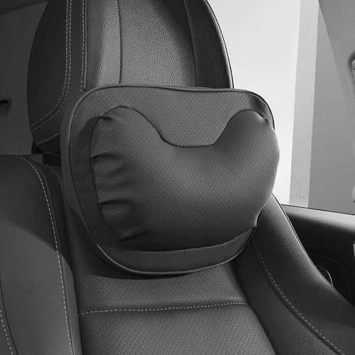Car Neck Pillow [No More Pressure] Soft Comfortable Premium Leather Headrest with Adjustable Strap – Ergonomic Support for Driving, Office & Gaming, Black, 1 Pack