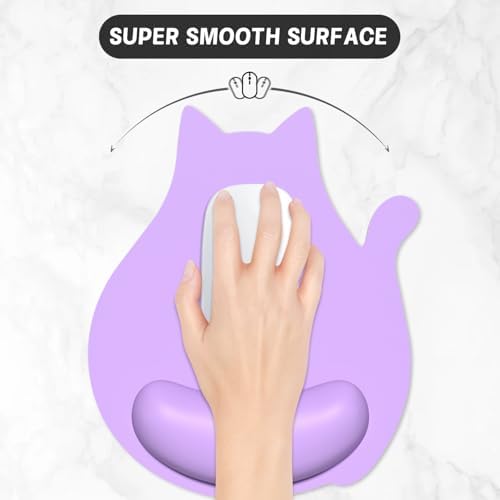 Ergonomic Mouse Pad with Wrist Rest, Cute Cat Memory Foam Padded Pain Relief Non-Slip Wrist Support Mouse Mat for Gaming Work Computer Laptop, Funny Office Supplies Desk Accessory, Purple