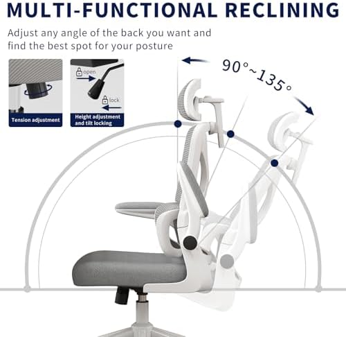 Ergonomic Office Chair - Desk Chair with Adjustable Headrest Lumbar Support Computer Chair - Mesh Comfy Chair with Flip-up Armrests - Gaming Chairs for Adults Home Office (White+Gray)