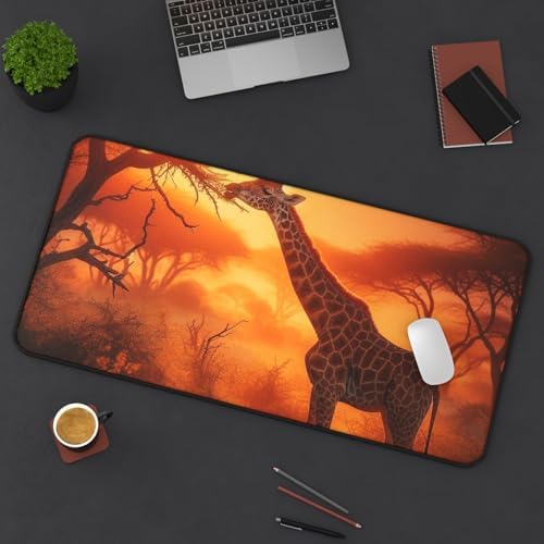 Giraffe Stretching to Nibble Leaves Glowing with Sunset Light - Vibrant Colors Premium Desk Mat