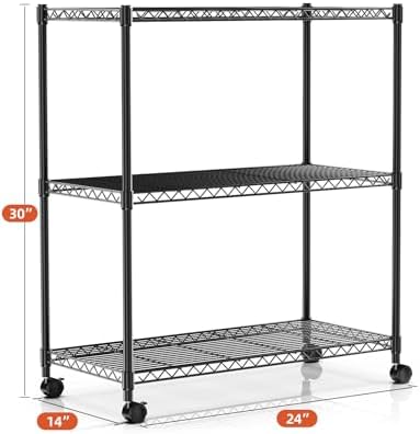 Simple Deluxe Shelving Unit - 3 Tier Shelf for Garage Storage, Black, 24.02" W x 13.78" D x 29.92" H, 750 Lbs Capacity, Adjustable Shelves, Leveling Feet, Caster Wheels for Easy Mobility,Black