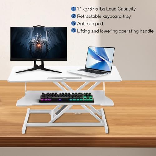 38" Desk Converter, Height Adjustable Sit to Stand Riser, 2 Monitor and Laptop Workstation with Wide Keyboard Tray, Stand Up Home Office Workstation - Rising Desk with Spring Loaded Lift, White