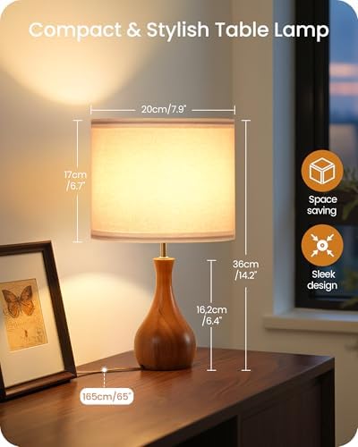 Small Table Lamp, Wood Bedside Lamp with White Linen Lampshade & Dark Wood Base, Mid Century Modern Nightstand Lamp for Bedroom, Living Room, Kid's Room, Dorm Room, E26 Socket, LW09TL05