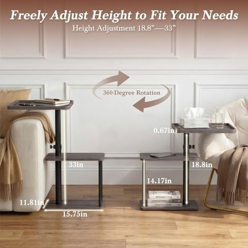 Faesun C Table End Table Adjustable Height, 360°Swivel TV Tray Table for Small Spaces, Small Nightstand for Living Room, Bedroom, Gray