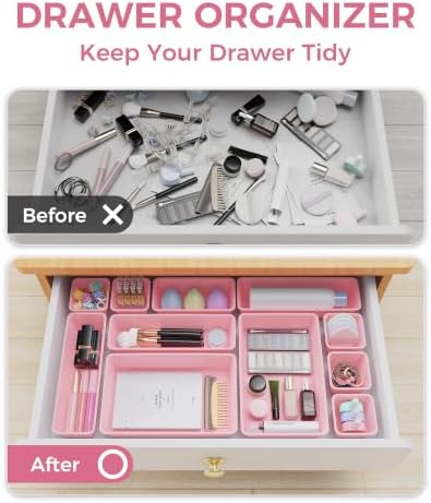 BiuLeon 25 PCS Plastic Drawer Organizers Set, 4-Sizes Vanity and Makeup Organizer, Desk and bathroom Drawer Organizer Trays, Organizers and Storage for Makeup, Jewelry, Gadgets, Utensils (Pink)