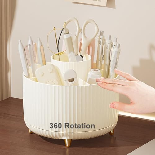 Desk Pencil Pen Holder 5 Slots 360°Degree Rotating Pen Organizers for Desk Desktop Storage Stationery Supplies Organizer Cute Cup Pot Kids Desk Organizer for Office Home School（Cream2）