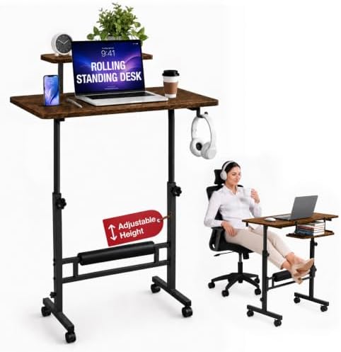 Small Rolling Desk with Wheels, Adjustable Height 27"-43.3" Portable Standing Desk, 31.5"x15.7" Tabletop, Mobile Laptop Computer Table for Home Office Workstation, Rustic Brown