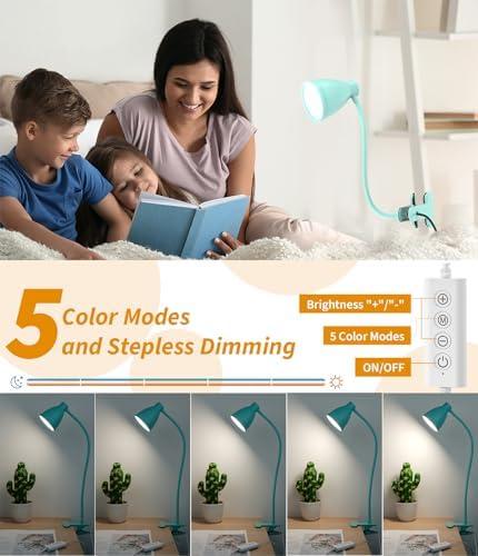 BOHON Desk Lamp with Clamp, Clip on Light, 5 Color 10 Brightness, Teal