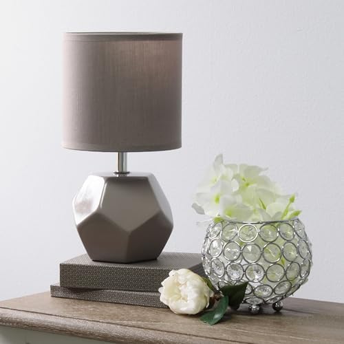 Simple Designs LT2065-GRY-LB 10.24" Round Geometric Prism Mini Table Lamp with Matching Fabric Shade, LED Bulb Included, Gray