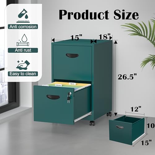 SteeLoong 2 Drawer File Cabinet,Metal Mobile File Cabinet with Lock Green
