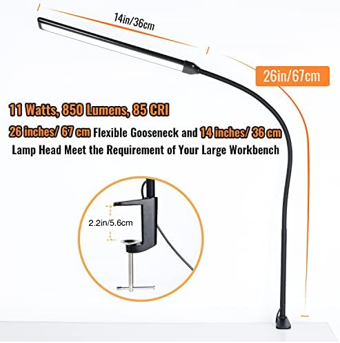 LED Desk Lamp with Clamp, Clamp Light, Tall Desk Lamp with Long Gooseneck, 11W, 850 LMS, 3 Color Modes, 10 Brightness Levels, Eye-Caring, Clip on Desk Light for Reading, Home, Office