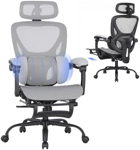 MALOL Ergonomic Mesh Office Chair with Footrest, Executive High Back Computer Desk Chair with 3D Adjustable Headrest & 5-Level Lumbar Support, Reclining Tilt Lock, 3D Arms, 300LBS Capacity, White