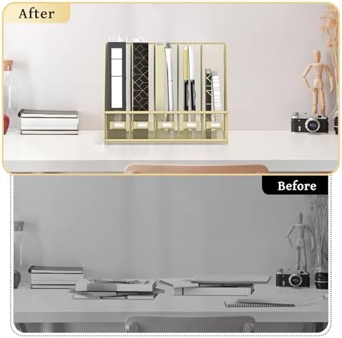 SUPEASY Desk Organizers Metal Desk Magazine File Holder with 5 Vertical Compartments Rack File Organizer for Office Desktop, Classroom, Home Workspace, Golden Yellow, Plus