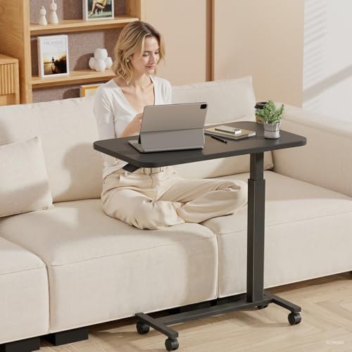 GTPLAYER Small Standing Desk with Lockable Wheels, Pneumatic Mobile Rolling Laptop Desk,Adjustable Height Overbed Bedside Table Computer Workstation for Home Office (32" W x 18" D, Black)