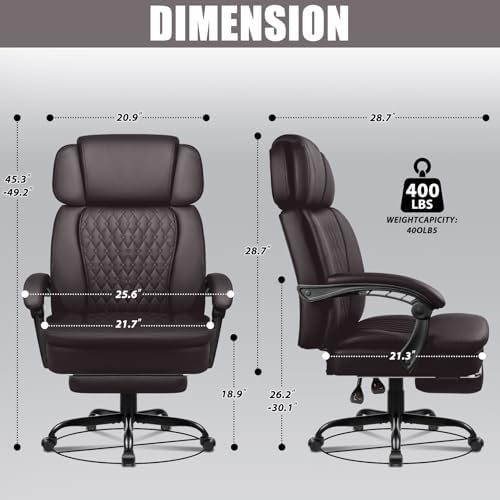 LEMBERI 400lbs Executive Office Chair with Foot Rest, Ergonomic Heavy Duty Big and Tall Desk Chair with Adjustable Headrest, High Back PU Leather Comfy Computer Chairs for Long Hours (Brown)