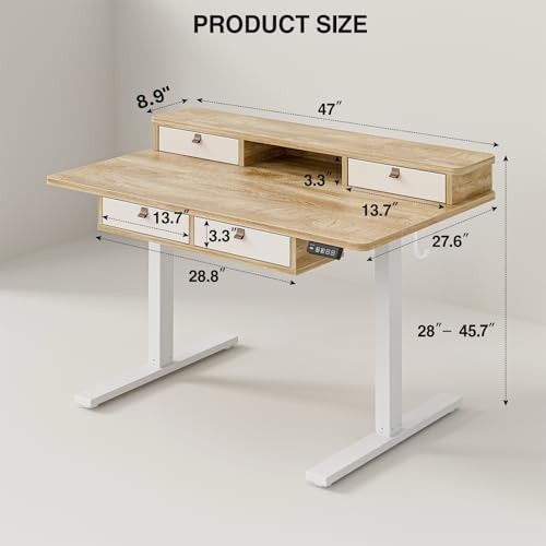 Grandder Electric Standing Desk with Four Drawers, Sit to Stand Up Height Adjustable Desk with Storage Shelf for Home Office, 47 * 28 Inch, Study, Ergonomic Adjustable Computer Desk, Oak