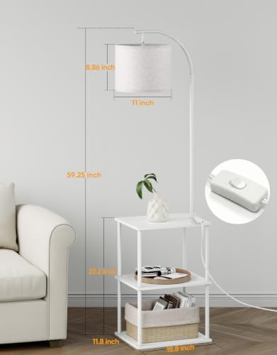 PARTPHONER Floor Lamp with Table, Night Stand with Lamp, Narrow Side Table with 3CCT LED Bulb, Small Coffee Table, Modern End Table with Storage Shelves for Living Room Bedroom Home Décor, White