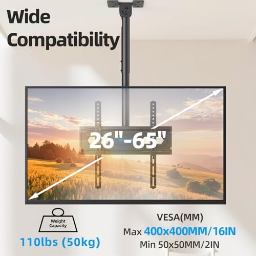 USX STAR Ceiling TV Mount for 26-65 inch TVs, 360° Swivel Full Motion Ceiling Mount TV Bracket, Height Adjustable, Tilt TVs Ceilings Mounts, Supports up to 110 Lbs, Max VESA 400x400mm