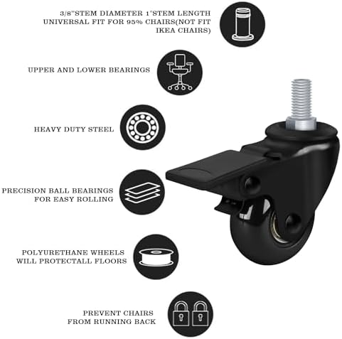 8T8 2" Office Chair Wheels Replacement with Brake, Rubber Caster Wheels with Threaded Stem 3/8''-16x1, Set of 5, Heavy Duty Desk & Gaming Chair Casters for Wood Floor Carpet Mat, Quiet Smooth Rolling