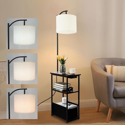 Qupui Floor Lamp with Table, USB Charging, Fabric Basket, Brown