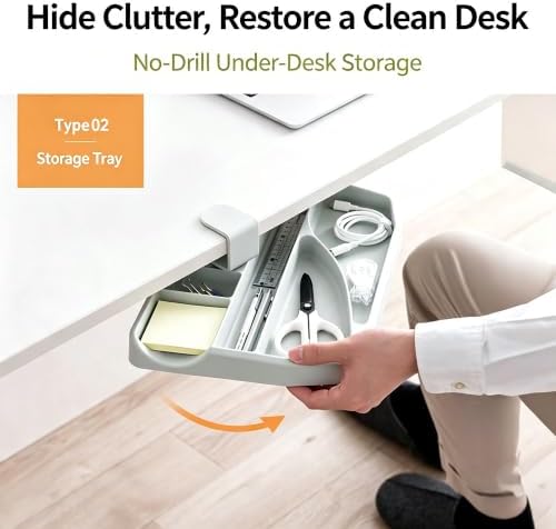 Clamp-On Under Desk Organizer, 360° Swivel Tray & 5-Height Keyboard Tray, No-Drill Mount, Hidden Mouse Pad Storage, Fits 0.59-1.57" Desks, Black/Gray-White, Gray-White, Single Storage Tray