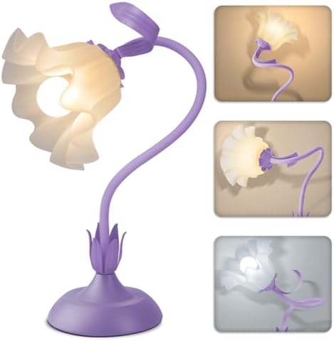 Women Bedside Table Lamps for Bedroom, Cute Flower Desk Lamp with Adjustable Flexible Gooseneck, 3 Color Temperatures Nightstand Lamp with E26 LED Bulbs, Floral Lamp for Living Room, Office,Reading