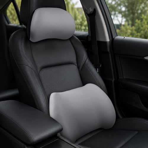 2PCS Car Neck Pillow and Lumbar Support Pillow Set, Ergonomic Memory Foam Back & Neck Support Pillows for Car Seat, Office Chair, Driver Head & Back Cushion and Pain Relief (Gray)