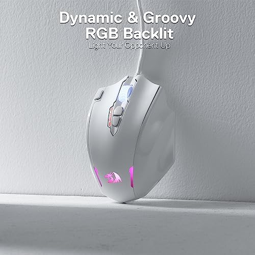 Redragon M908 Impact RGB LED MMO Gaming Mouse with 12 Side Buttons, Optical Wired Ergonomic Mouse with Max 12,400DPI, High Precision, 18 Programmable Macro Shortcuts, Comfort Grip, White