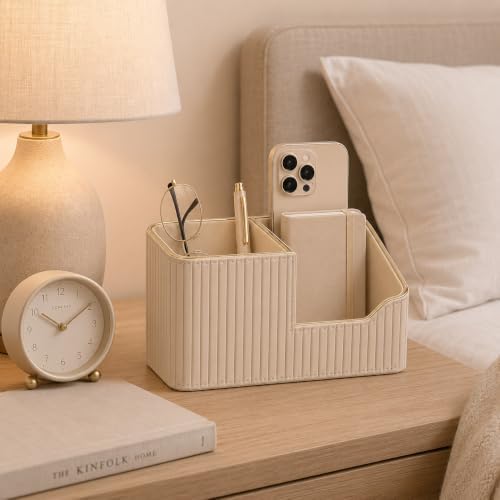 KINGFOM Luxury PU Leather Desk Organizer for Office Accessories, Aesthetic Pen Holder for Desk, Modern Desktop Storage Organizer for Women Home Office Supplies, Beige with Gold Trim