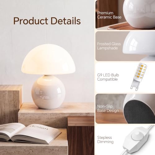 Dawnwake Mushroom Lamp Table Lamp for Bedroom-Small Desk Table Lamps,White