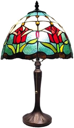 Tiffany Table Lamp Red Baroque Style Stained Glass Lamp 12X12X18 Inch Antique Lamp for Office Home Bedroom Living Include 3-Color LED Bulb