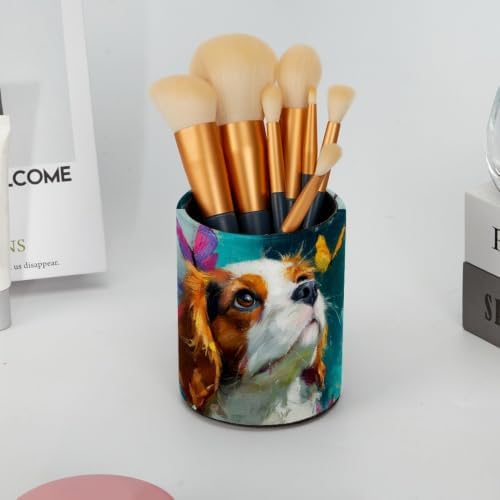 Leather Pen Holder for Desk, Beagle Butterfly Pencil Cup Pen Organizer Makeup Brush Holder for Office Home Kids Countertop Desk Accessory Storage