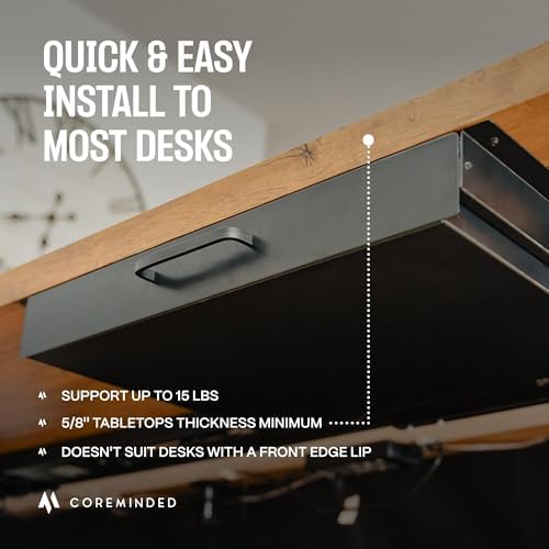 Under Desk Drawer Slide Out Attachment - Carbon Steel Undermount Table Drawer with Cable Management, Pull Out Add-On Storage for Office & Standing Desks (13" x 8" x 2.8")