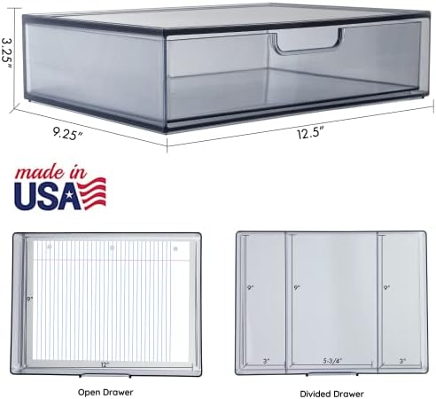 STORi STAX Plastic Stackable Organizer Drawers (Set of 2) Classic Grey | 12.5" Wide | Set Includes One Open Drawer & One Divided Drawer | Organize Office Desk Accessories & Sort Paper | Made in USA