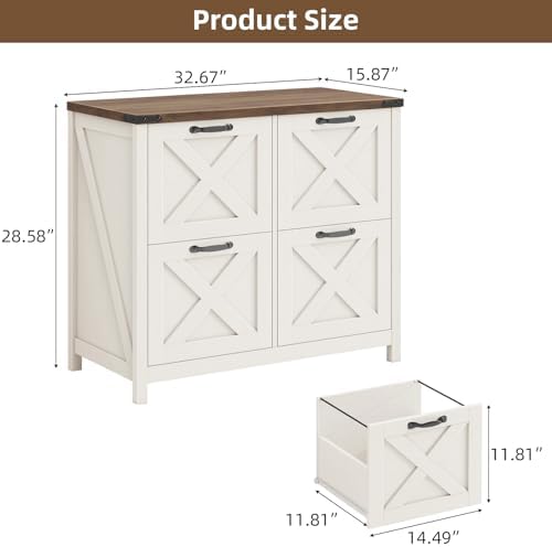 Halitaa Farmhouse Lateral File Cabinet with 4 Drawers, White and Brown